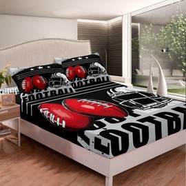 Football Bed Sheet Set Sports Bedding Sheet Soccer Ball Black White Red Fitted Sheet for Boys Girls Children Teens Bedroom Decor 3D America Football Print Comforter Cover Queen Size With 2 Pillow Case