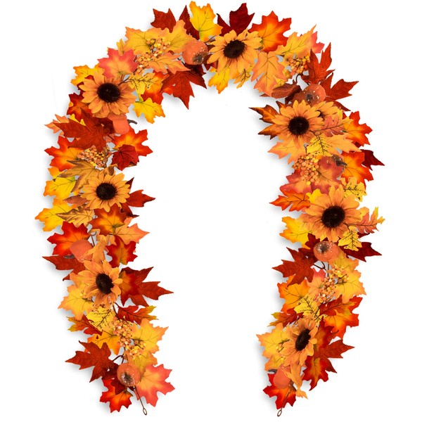 Whaline 6 Ft Fake Fall Maple Leaf Garland with Two Hooks Autumn Sunflower Pumpkin Berries Hanging Vine Decoration for Wedding Party Thanksgiving Dinner Fireplace Door Frame Doorway Backdrop Decor