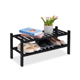 VICTORY RELAX Black Acacia Wood 2-Tier Folding Shoe Rack – Space-Saving Wooden Shoe Organizer Shelf for Entryway, Hallway, Mudroom, or Closet – Compact Indoor Storage for Footwear & More