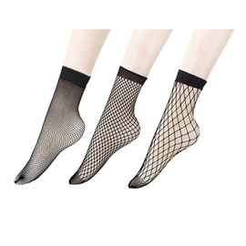 PENTA ANGEL 3 Pairs Women Black Lace Fishnet Socks Elastic Ankle High Dress Hollow Out Mesh Net Socks Tights for Summer Wear