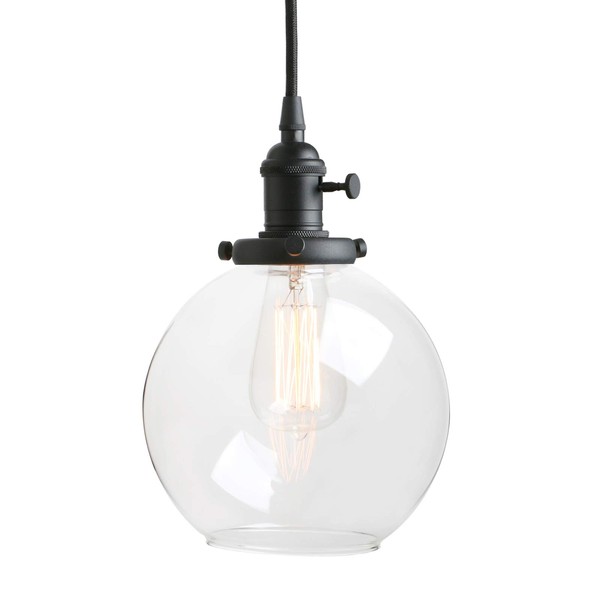 Pathson Black Pendant Light with Globe Round Glass Shade, Metal Base Cap and Adjustable Textile Cord, Industrial Style Retro Hanging Lamps for Dining Room Kitchen Island
