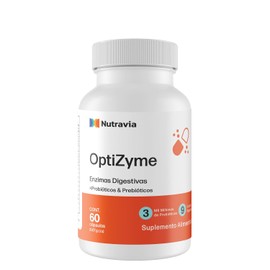 NUTRAVIA | Enzimas Digestivas con Probióticos y Prebióticos 300 mg +Inulina | 60 Cápsulas - 3 Billones CFU | OptiZyme - Suplemento Alimenticio con Lactasa, Bromelina y Papaína | Sin Gluten