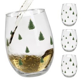 BANBERRY DESIGNS Holiday Winter Stemless Wine Glasses Christmas Tree Design Set of 4 - Xmas Themed 20 oz Capacity