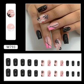 Medium Square Shape Press on Nails,Glossy Solid Color Fake Nails,Black Leaf White Flower Design False Nails,Full Cover Reusable Artificial Nails with Stick on Nails,Natural Glue on Nails for Women