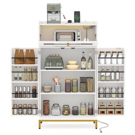 LOKO Kitchen Pantry Cabinet, Freestanding Food Storage Cupboard with Power Outlet & APP Control LED Lights, Modern Buffet Sideboard with Acrylic Flip Door & Shelves for Dining Room, White and Gold