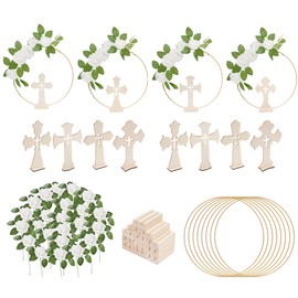 Qriocioa 60 Pcs Baptism Centerpieces for Tables Baptism Decoration with 12 Standing Wooden Crosses,12 Gold Metal Floral Hoops with Stands,36 Foam Roses with Stems and Leaves for Baptism Party Wedding