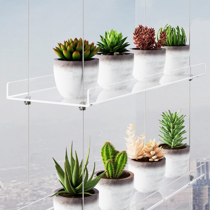 3-Tier Clear Hanging Window Plant Shelves 16In, Height Adjustable Acrylic