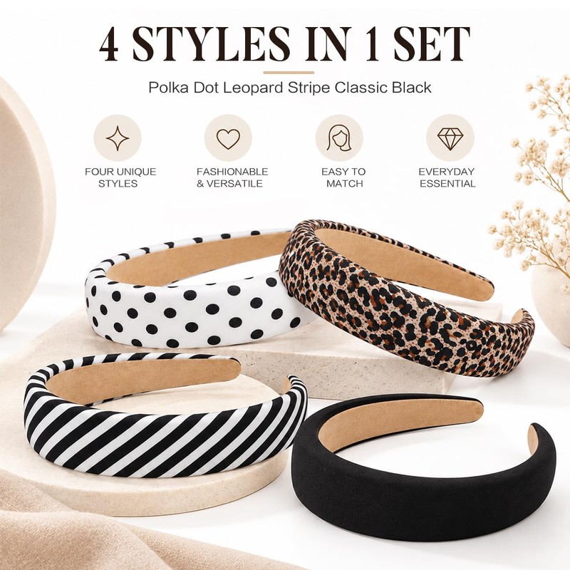 4 Pack Wide Satin Padded Headbands for Women, No-Slip Hair