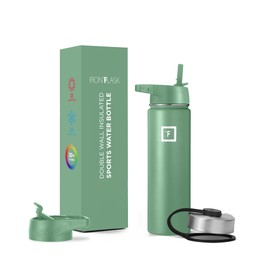 IRON °FLASK Camping & Hiking Hydration Flask, Wide Mouth, 3 Straw Lids, Stainless Steel Outdoor Water Bottle, Double Walled, Insulated Thermos, Metal Canteen - Sage, 22 Oz