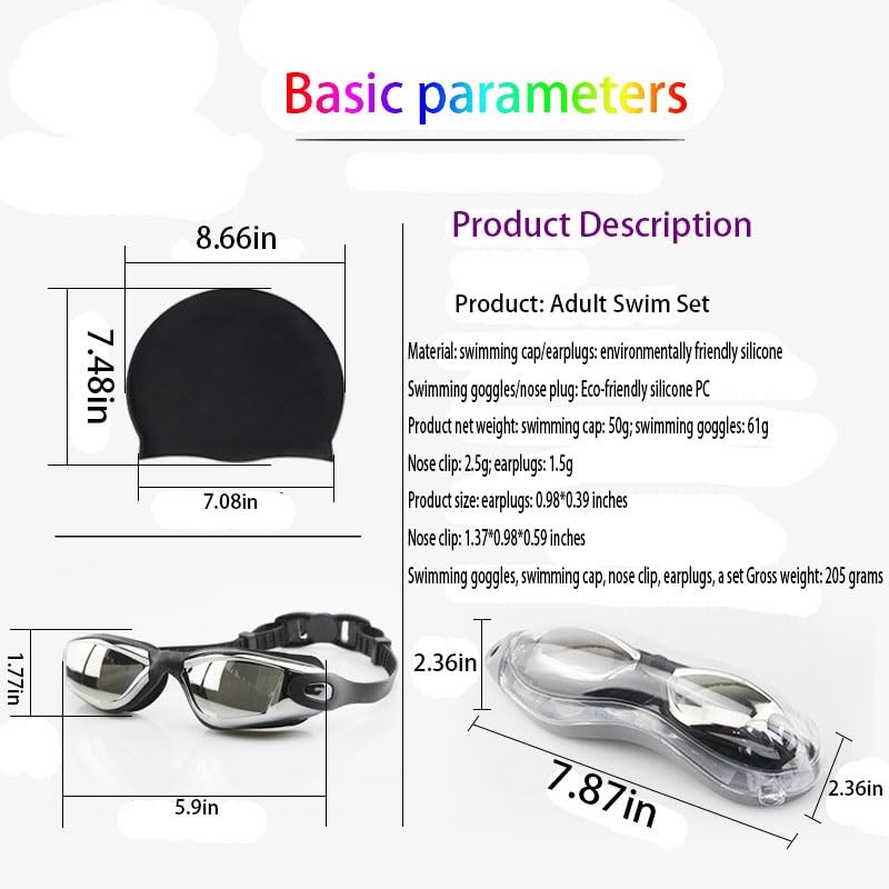 Lucaidian Waterproof Swimming Goggles Set With Goggles, Swimming Cap, Nose
