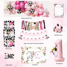 YJDFWAUT Holy Cow I’m One Birthday Decorations Party Supplies for Girl, Pink Cow First Birthday Party Decorations, Farm Cow 1st Birthday Party Supplies, 1st Birthday Girl Decoration