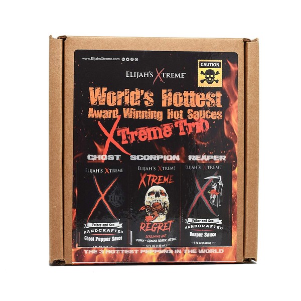 Elijah's Xtreme Worlds Hottest Award Winning Hot Sauce Gift Set, Xtreme Trio Includes Ghost Pepper Hot Sauce, Scorpion and Carolina Reaper Hot Sauces, Gluten Free, Low Sodium, Fresh Ingredients (3 5-oz Bottles)