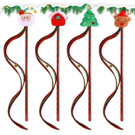 PORUPAEL 4pcs Christmas Cat Toys Xmas Cat Wand Toy Interactive Cat Teaser Wand Toys with Bells Santa Claus Christmas Hat Christmas Tree Christmas Elk Cat Wand Stick Funny Cat Interactive Toys