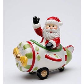 Fine Ceramic Santa Pilot Flying Airplane Salt and Pepper Shakers Set, 4.25" L