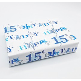 Party Angels 2 Sheets Star Design 15th Birthday Blue Boy Wrapping Paper Age 15 Birthday Gift Wrap Paper Boy Male (PA)