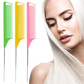 Rat Tail Combs Parting Comb: 3Pcs Rat Tail Comb Set, Long Steel Pin Rat Tail Teasing Comb, Hair Combs for Salon Hair Stylist, Tail Combs Metal ,Parting Combs for Women(Green|Yellow|Pink)