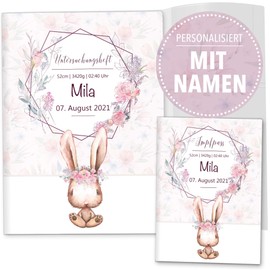 OLGS Examination Book Cover Including Vaccination Certificate Cover Set Cute Bunny Rabbit | Examination Book & Vaccination Certificate Cover with Inner Compartments, Gift Idea Baby Shower with Name