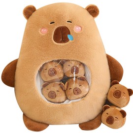 Capybara Plush with 6 Cute Babies Capybara Stuffed Animals,a Bag of Capybara Animal Snack Pillow，Super Soft Capybara Plushie Doll Pillow for Baby Boys Girls Toys(Brown)