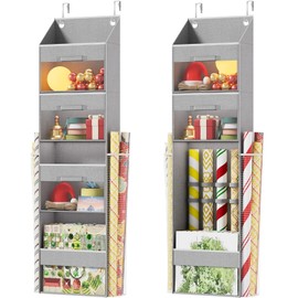 Ofiray-home Light Grey Over Door Wrapping Paper Organizer Storage with 3 Removable Drawers & Side Pockets –Dual Use Design with Elastic Straps Wrap Storage for Ribbons,Bows,Ornament and Other Tools