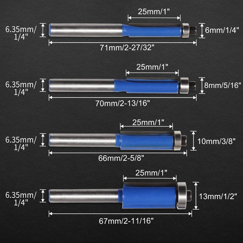 LEONTOOL 4pcs Flush Trim Router Bit Set 1/4" Shank Top