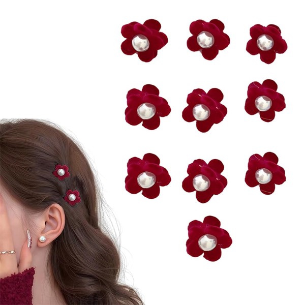 10Pcs Mini Flower Hair Clips for Women Girls Wine Red