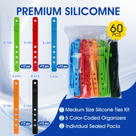 60Pcs Silicone Cable Ties, 5-Colors Reusable Cord Organizer