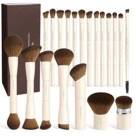 20 Pcs Makeup Brushes with Gift Box, Double-End Multi-functional Aluminum Ferrules Makeup Brushes for Blending Liquid Powder Concealer Cream Blush Buffe,Beige