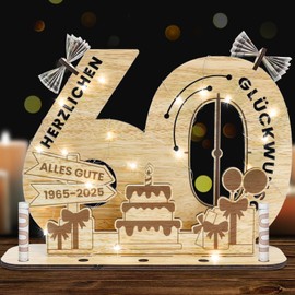 Belillpipi 2025 Original 60th Birthday Decoration Birthday Wood with LED, Women & Men Money Gifts Birthday Pixel Retro Wooden Sign Guest Book for Gifts, Parties, Birthdays, Anniversary