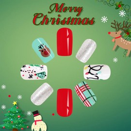Christmas Press on Nails Short Square Fake Nails with Christmas Tree Elk Colorful Lanterns Designs Glitter Silver Full Cover Winter Snowflake stick on Nails Glossy Acrylic False Nails for Women 24Pcs