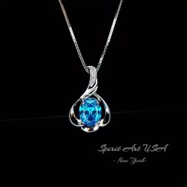 Spirit Art USA Studio Blue Topaz Necklace - Sterling Silver White Gold Flower Blue Gemstone Pendant -