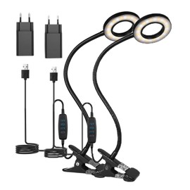 TBTeek LED Klemmleuchten, 48 LED Leselampe Bett Klemmbar, Augenpflege Schreibtischlampe, 3 Modi & 10 Dimmstufen, Klemmleuchte für Büro Heimgebrauch, CE Adapter Enthalten, Schwarz(2 Pack)