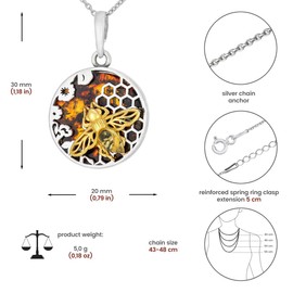 AMBEDORA Women's Round Necklace Golden Honey Bee Polished Sterling Silver Baltic Amber in Cognac Colour Silver Pendant on Chain, Sterling Silver, Amber