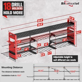 49.8" W Super Large Power Tool Organizer Wall Mount,4-Layer Heavy Duty Tool Storage with 18 Cordless Drill Holder,600 lb Capacity Garage Organization for Garage and Workshop (Red)