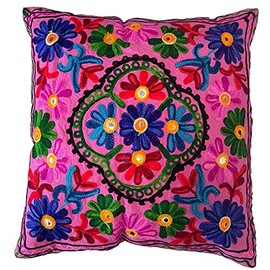 Original Kikan Suzani Multi Colour Floral Embroidery 16"x16" 40 x 40 cm Indian Ethnic Cushion Cover Takiya Sofa pillow Zipper Back (PINK)