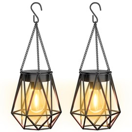 KOOPER 2 Pack Hanging Solar Lanterns Outdoor Waterproof, Metal Solar Powered Lantern Lights, Bright Diamond Shape Lantern with Hook, Outdoor Decorative Lanterns for Patio Porch Garden Yard Decor Gift