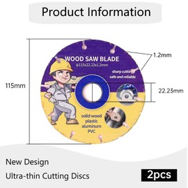 Xiciki Saw Blades for Angle Grinder Wood, Cutting Discs 115 mm with 22.23 mm Bore, Flex Discs Cuts Nailed Boards, Carbide Flex Discs for Wood, Plywood, Plastic, Pack of 2