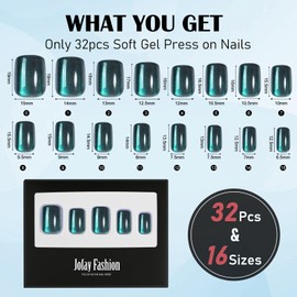 Katzenauge-Aufklebenägel – Kurze, quadratische Aufklebenägel als Geschenk, grüne Katzenaugen-Aufklebenägel als Geschenk für Frauen, Aufklebenägel in 16 Größen