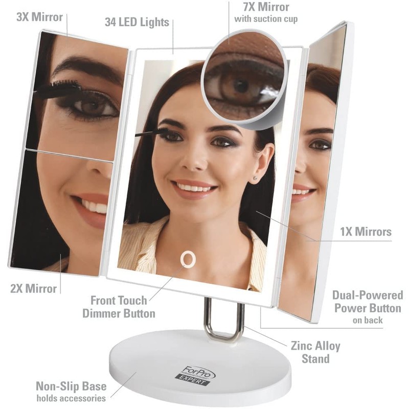 ForPro Professional Collection Expert Rechargeable LED Tri-Panel Makeup, Dual-Powered, Vanity