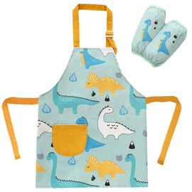 SUNNEKO Cooking Apron Children's Aprons Child with Pocket Waterproof Boys Girls Adjustable Kitchen Apron Craft Painting Baking Cooking Painting Apron Artificial Gown Work Apron Painting Craft Apron, Dinosaur forest, Kind / 1 Schürzen+2 Ärmel