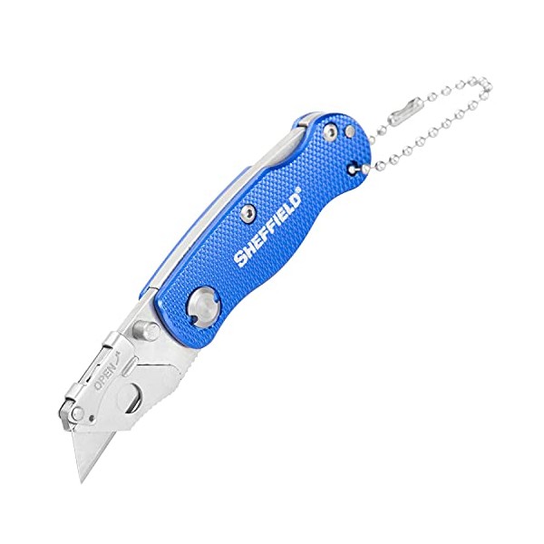Sheffield 12116 Mini Ultimate Lock Back Utility Knife | Cut Boxes, Paper, Twine, etc. | Extra Quick-Change Blades Can Be Stored in Handle | Durable & Light Weight | Steel Blades, Aluminum Handle |Blue