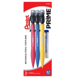 Pentel PRIME Mechanical Pencil, Pentel PRIME Mechanical Pencil, 0.7mm Point Size, 3 Pack with Refill Erasers, 0.7mm Medium Point, 3 Pack with Refill Erasers