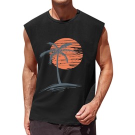 Runcati Mens Sleeveless Tank Tops Workout Gym Muscle Shirts Palm Tree Vintage Hawaiian Summer Beach T Shirts Black