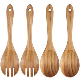 MUKLEI Set of 4 Salad Servers Tongs, Acacia Wood Salad Servers Set with 2 Wooden Mixing Spoons and 2 Forks for Serving Salad, Pasta, Fruit, Hand-Carved Wooden Kitchen Utensils