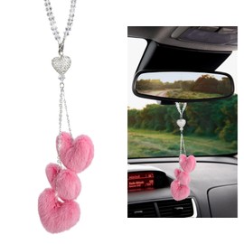 FSTURIOS Bling Diamond Heart Car Charms, Cute Rearview Mirror Pendant Crystal & Fluffy Love Heart Decor, Girly Fuzzy Plush Auto Mirror Charm Lucky Hanging Ornament for Women Girls (Pink)