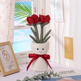 Apricot Lamb Rose Vase Plush Stuffed Flowers for Kids, Soft Cute Plushies Toys for Baby Girl and Boy, Fluffy Rose Vase Red 11.9 Inches