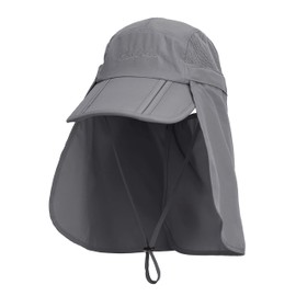 Unisex Safari Cap with Extra Long Neck Protection, Anti UV Foldable Baseball Hat for Camping Outdoor for Head Circumference 50-54 56-60, For children head circumference 50-54 cm - dark grey