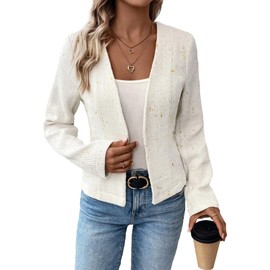 Mina Self 2025 Women's Spring Tweed Blazer Fully-Lined Collarless Open Front Elegant Petite Cute Fashion Casual Work Jacket, White, Small