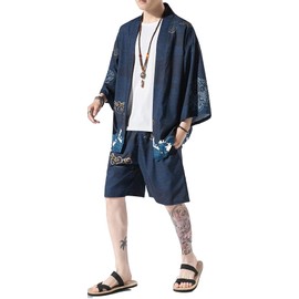 Ambcol Conjunto de pantalones cortos tipo kimono de estilo japonés para hombre, ligero, casual, manga 3/4, secado rápido, ropa de playa, azul (Blue1), XX-Large
