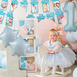 1st Birthday Baby Photo Banner for Newborn to 12 Months, Monthly Milestone Photograph Bunting Garland, First Birthday Celebration Decoration (Blue)