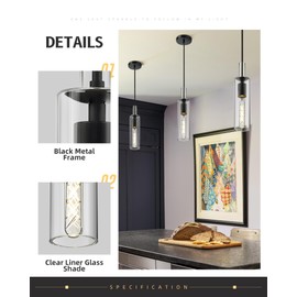 AUTELO Modern Pendant Lights, 1-Light Glass Pendant Light, Industrial Hanging Light Fixtures in Black Metal Finish with Clear Glass, Kitchen Pendant Lighting Over Island for Dining Room, H3875 BK